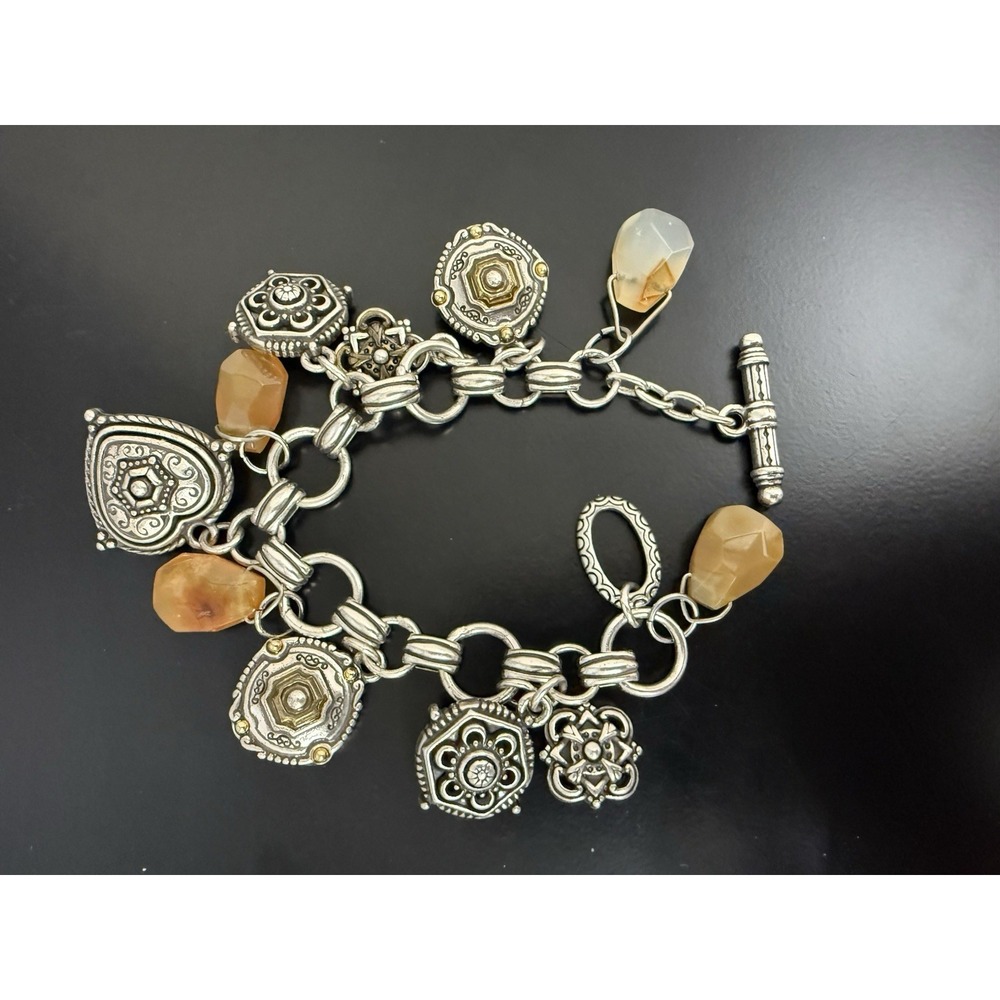 VTG Hearts & Medallions Chunky Charm Bracelet Two Tone Gold/Silver Stone Jewlery